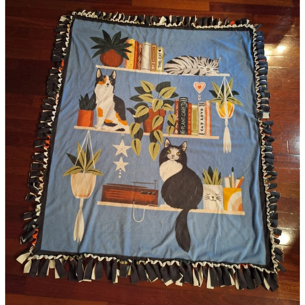 Handmade Fleece Tie Blanket Cats Books Plants Library Print Blue Throw 58